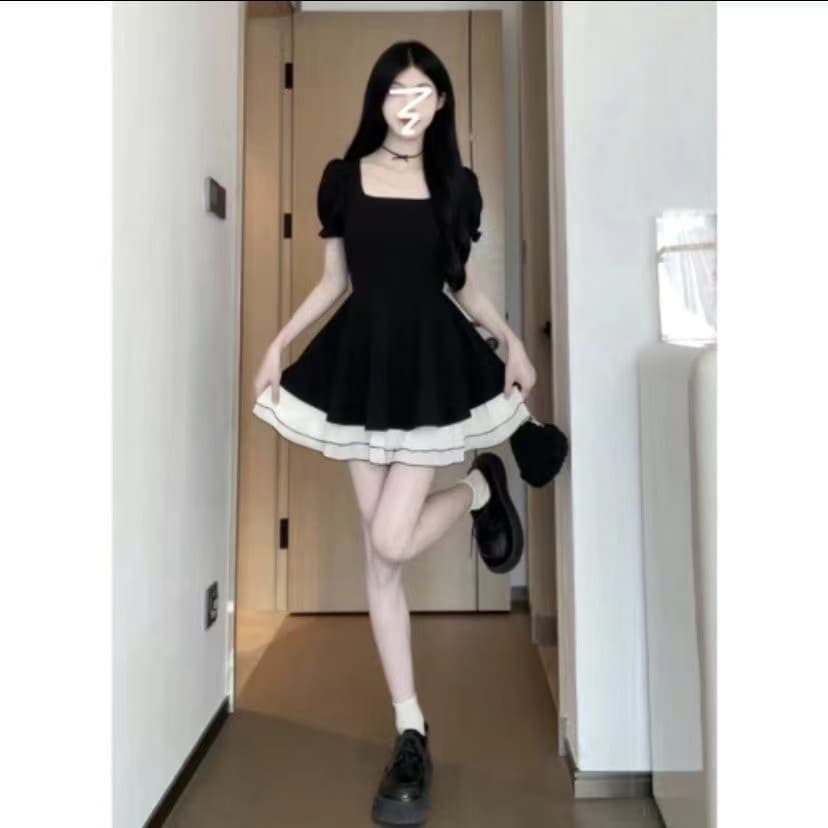 지퍼 네리 배색 반팔 치마 작은 검은 드레스 슬림해 보이는 중간 길이 드레스 2026 새로운 길다 치마 상세 이미지 6