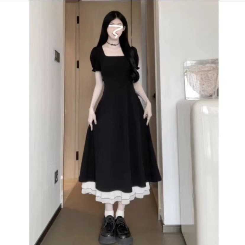 지퍼 네리 배색 반팔 치마 작은 검은 드레스 슬림해 보이는 중간 길이 드레스 2026 새로운 길다 치마 상세 이미지 7
