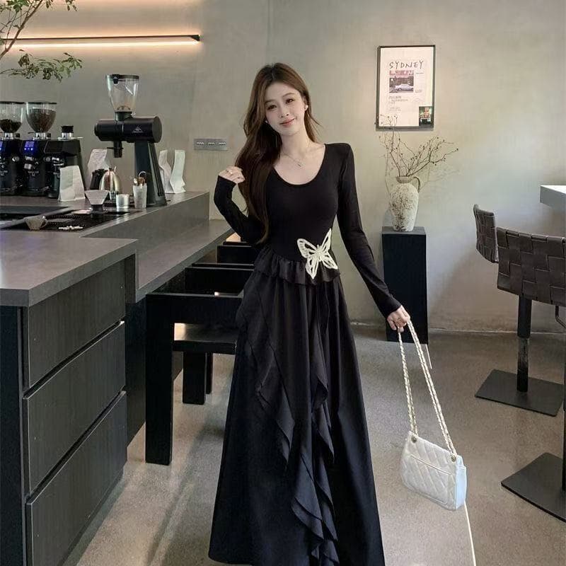 프랑스식 불규칙 나비 검정색 긴팔 드레스 아이들 2026 새로운 꼬집기 허리 롱 스커트 이른 가을 인기 착용 가져 가라. 이미지 3