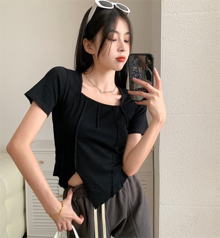 검정색 광장 칼라 긍정적 인 어깨 반팔 티셔츠 여성 여름 디자인 센스 작은 대중 핫걸 슬림해 보이는 불규칙 맨위 상세 이미지 26