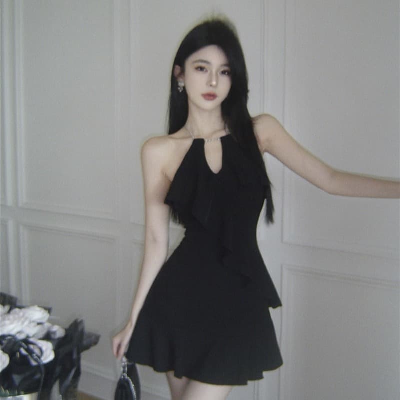 프랑스식 그는 벤 바람 프릴 행침 목 슬립 드레스 디자인 작은 대중 고급 센스 핫걸 A라인 스커트 작은 검은 드레스 이미지 2