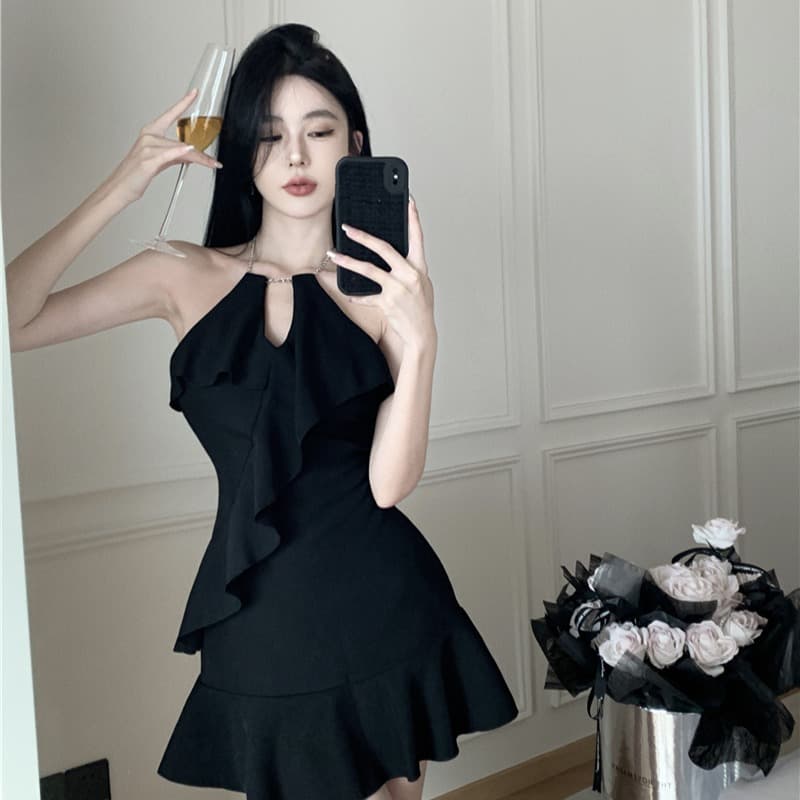프랑스식 그는 벤 바람 프릴 행침 목 슬립 드레스 디자인 작은 대중 고급 센스 핫걸 A라인 스커트 작은 검은 드레스 이미지 3