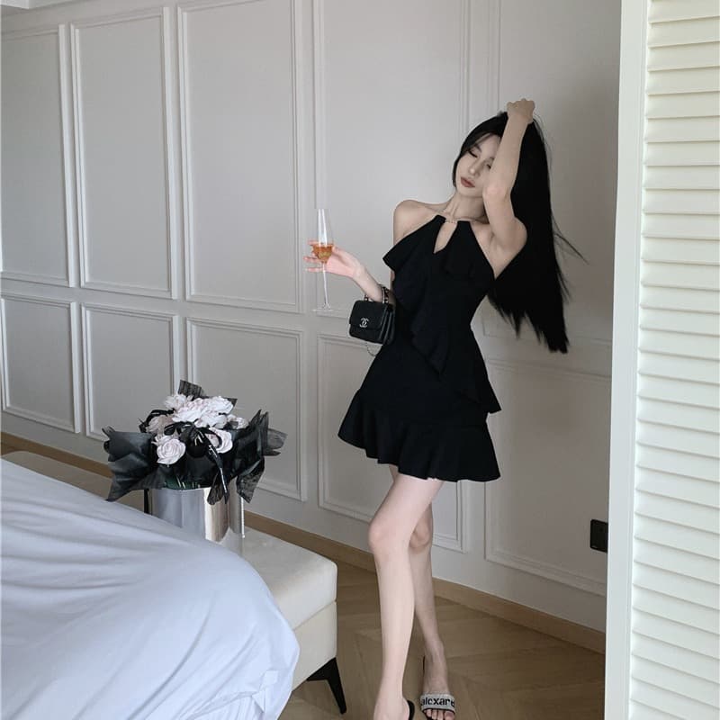프랑스식 그는 벤 바람 프릴 행침 목 슬립 드레스 디자인 작은 대중 고급 센스 핫걸 A라인 스커트 작은 검은 드레스 이미지 6