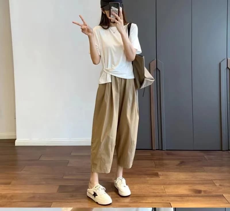 얇은 스타일 넓은 다리 9부 바지 여성 여름 캐주얼 정장 스트레이트 긴 바지 작은 키 일본식 슬림해 보이는 워크웨어 바지 여름 상세 이미지 18
