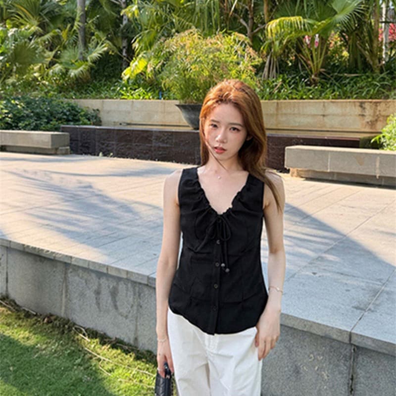 원본 품질 네리 아메리칸 레트로 핫걸 V넥 조끼 슬립 민소매 펌프 로프 비즈 맨위 이미지 4