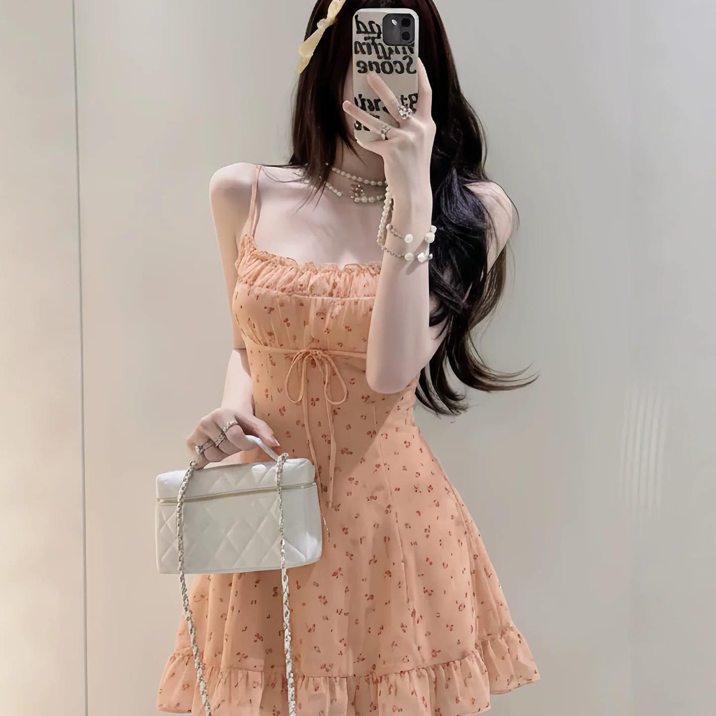 한 부서 부드러운 바람 순수한 하얀 달빛 꽃무늬 슬립 드레스 자이언트 잘 생긴 꼬집기 허리 한 마디 작은 치마 여름 이미지 5