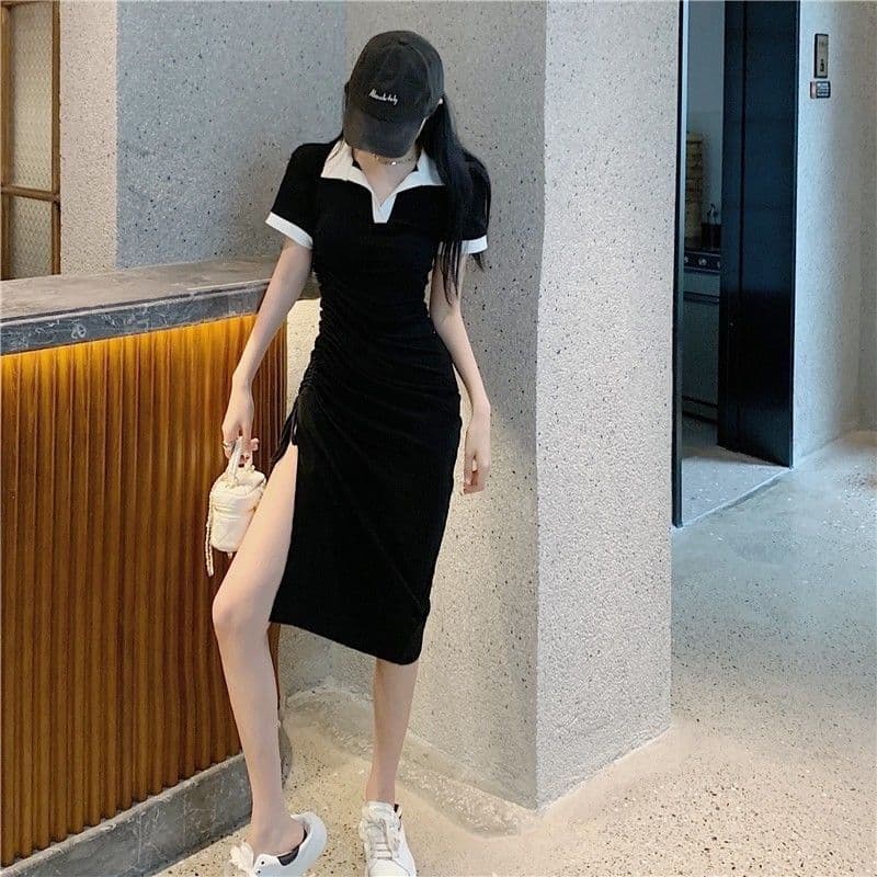 2026 여름 한국 스타일 polo 여성 드레스 순수한 욕망 핫걸 몸매 가꾸기 타이트 스커트 펌프 로프 연령 감소 트임 중간 길이 스커트 상세 이미지 6