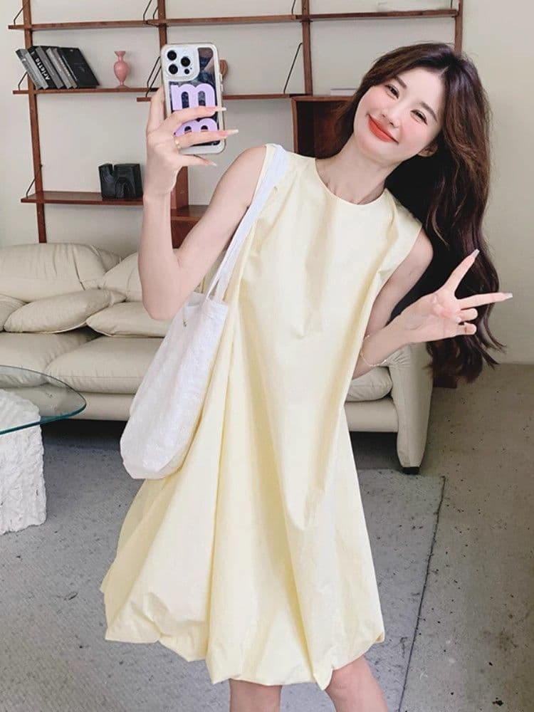 우유 황색 민소매 조끼 꽃밭 여성 드레스 여름 새로운 작은 키 달콤함 휴가 바람 퍼프 짧은 치마 이미지 4