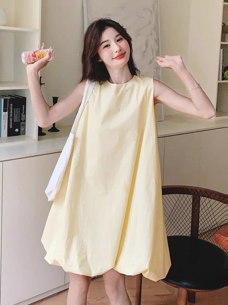 우유 황색 민소매 조끼 꽃밭 여성 드레스 여름 새로운 작은 키 달콤함 휴가 바람 퍼프 짧은 치마