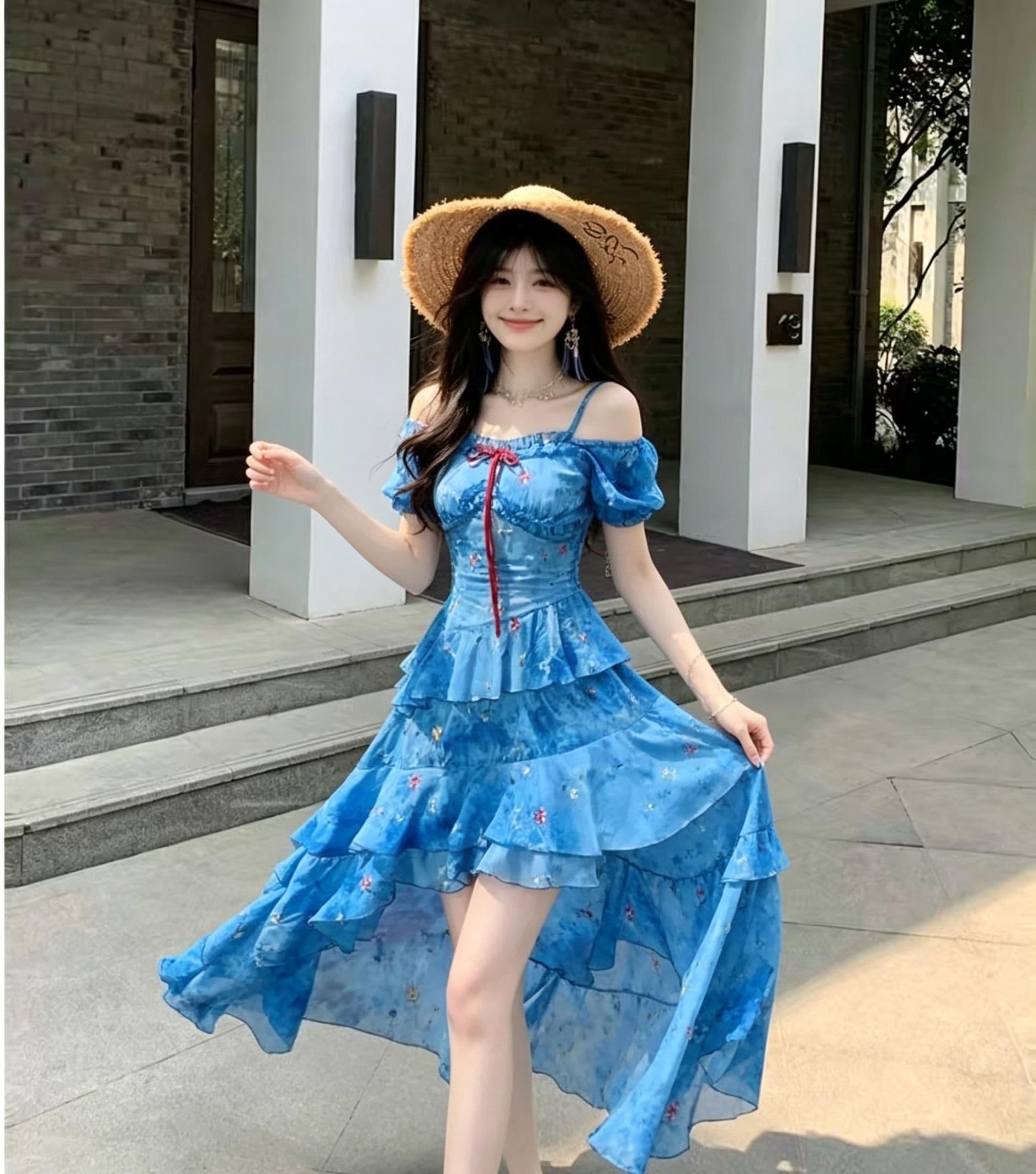 프랑스식 파란색 꽃무늬 오프숄더 슬립 여성 드레스 여름 불규칙 프릴 요정 공차 가짜 롱 스커트