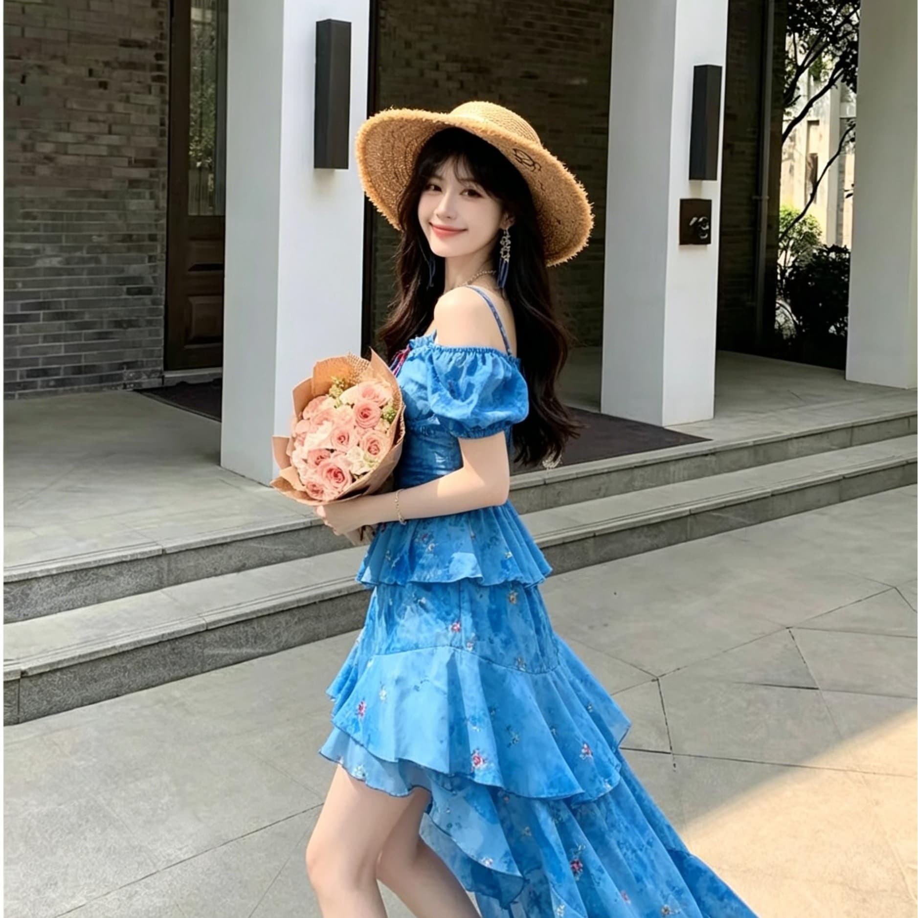 프랑스식 파란색 꽃무늬 오프숄더 슬립 여성 드레스 여름 불규칙 프릴 요정 공차 가짜 롱 스커트 이미지 5