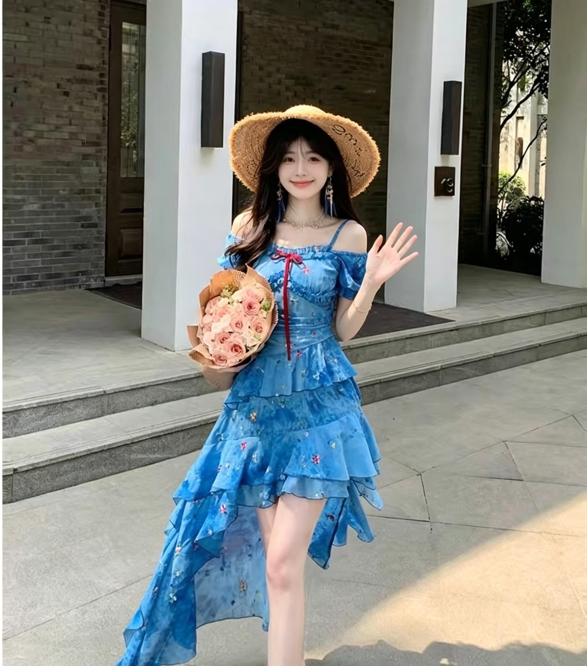 프랑스식 파란색 꽃무늬 오프숄더 슬립 여성 드레스 여름 불규칙 프릴 요정 공차 가짜 롱 스커트 상세 이미지 1
