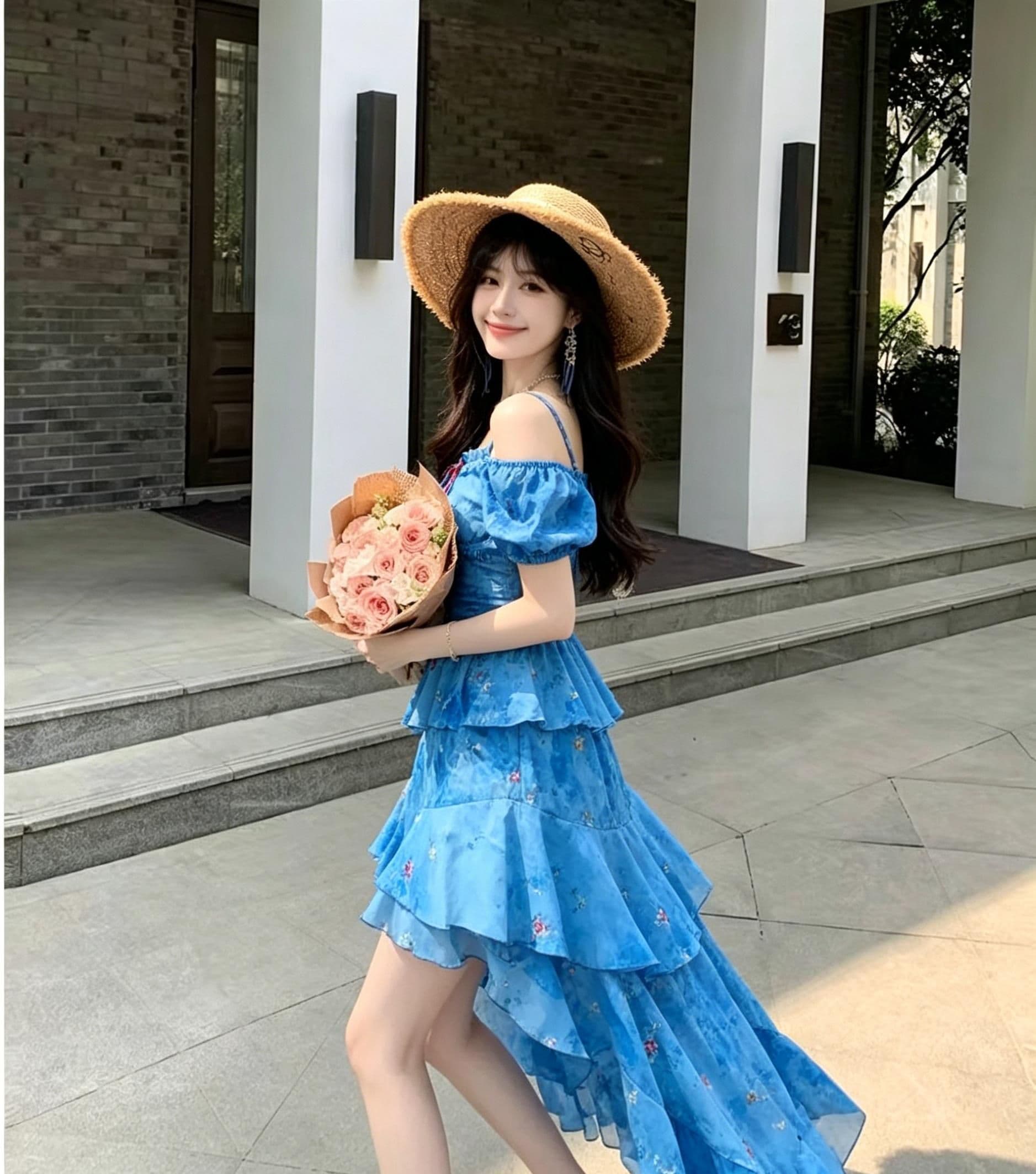 프랑스식 파란색 꽃무늬 오프숄더 슬립 여성 드레스 여름 불규칙 프릴 요정 공차 가짜 롱 스커트 상세 이미지 2