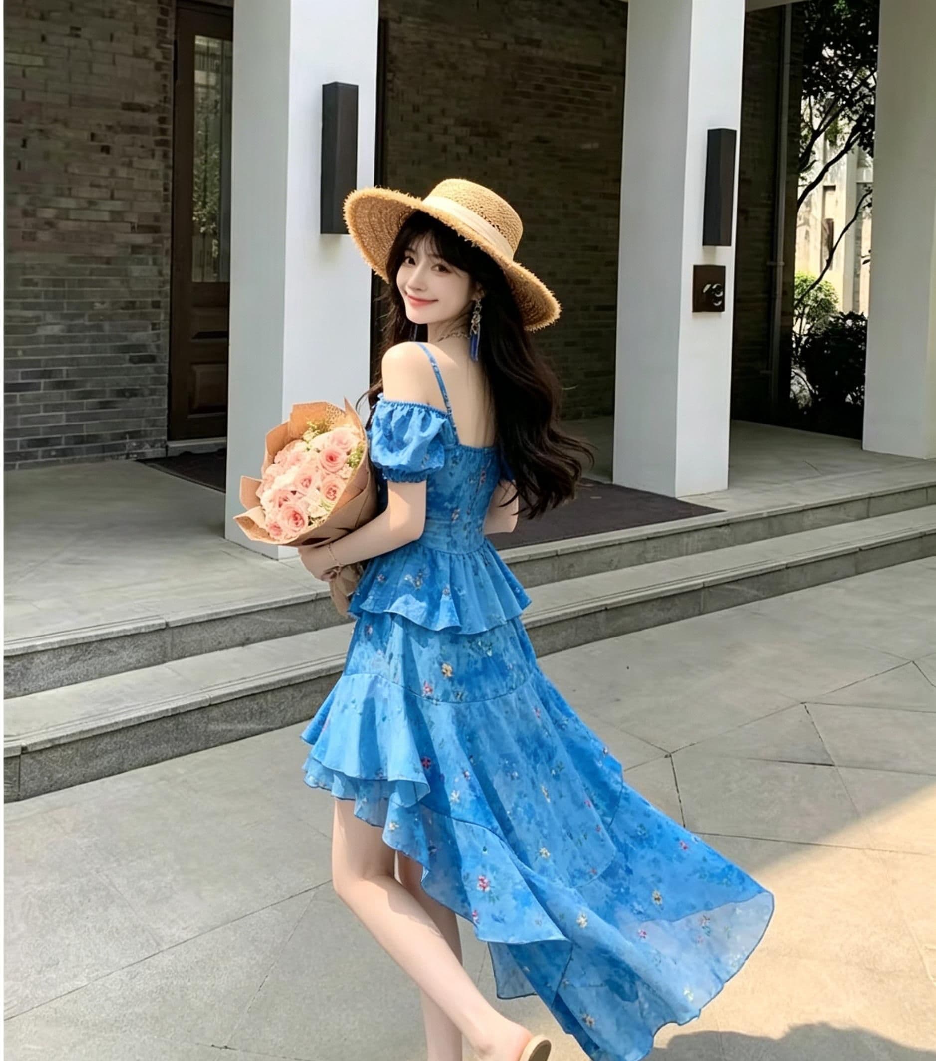 프랑스식 파란색 꽃무늬 오프숄더 슬립 여성 드레스 여름 불규칙 프릴 요정 공차 가짜 롱 스커트 상세 이미지 3