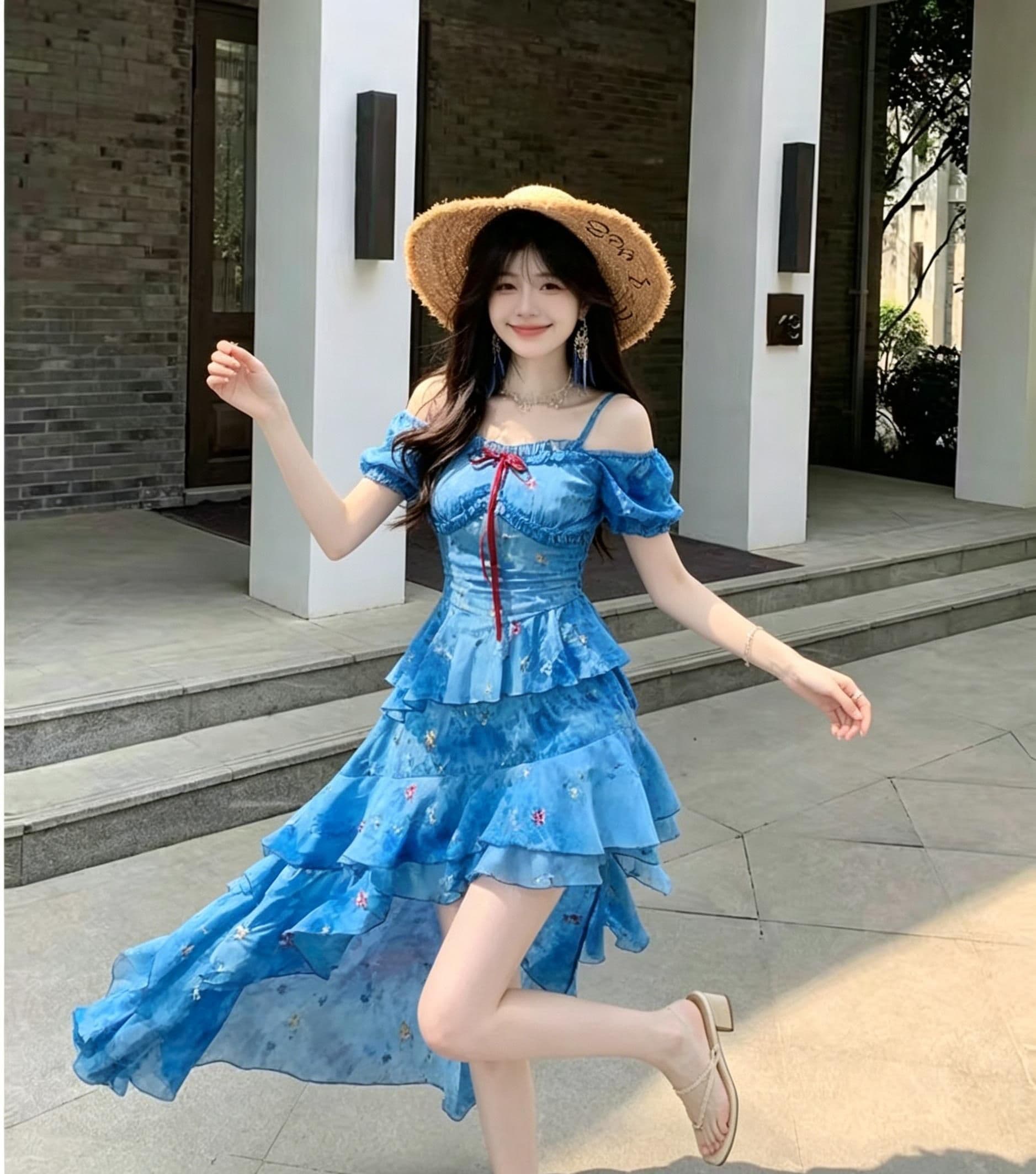 프랑스식 파란색 꽃무늬 오프숄더 슬립 여성 드레스 여름 불규칙 프릴 요정 공차 가짜 롱 스커트 상세 이미지 4