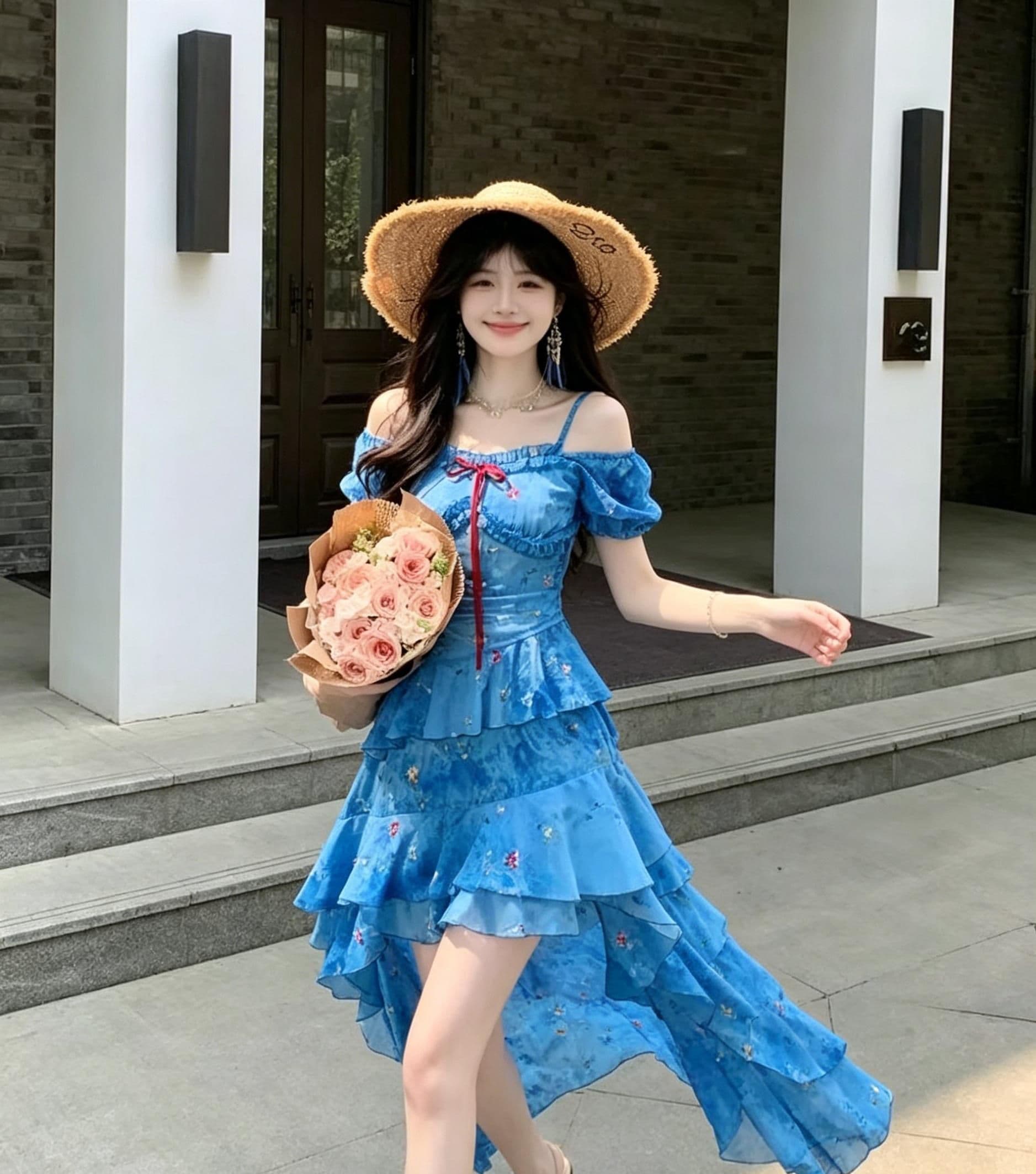 프랑스식 파란색 꽃무늬 오프숄더 슬립 여성 드레스 여름 불규칙 프릴 요정 공차 가짜 롱 스커트 상세 이미지 5
