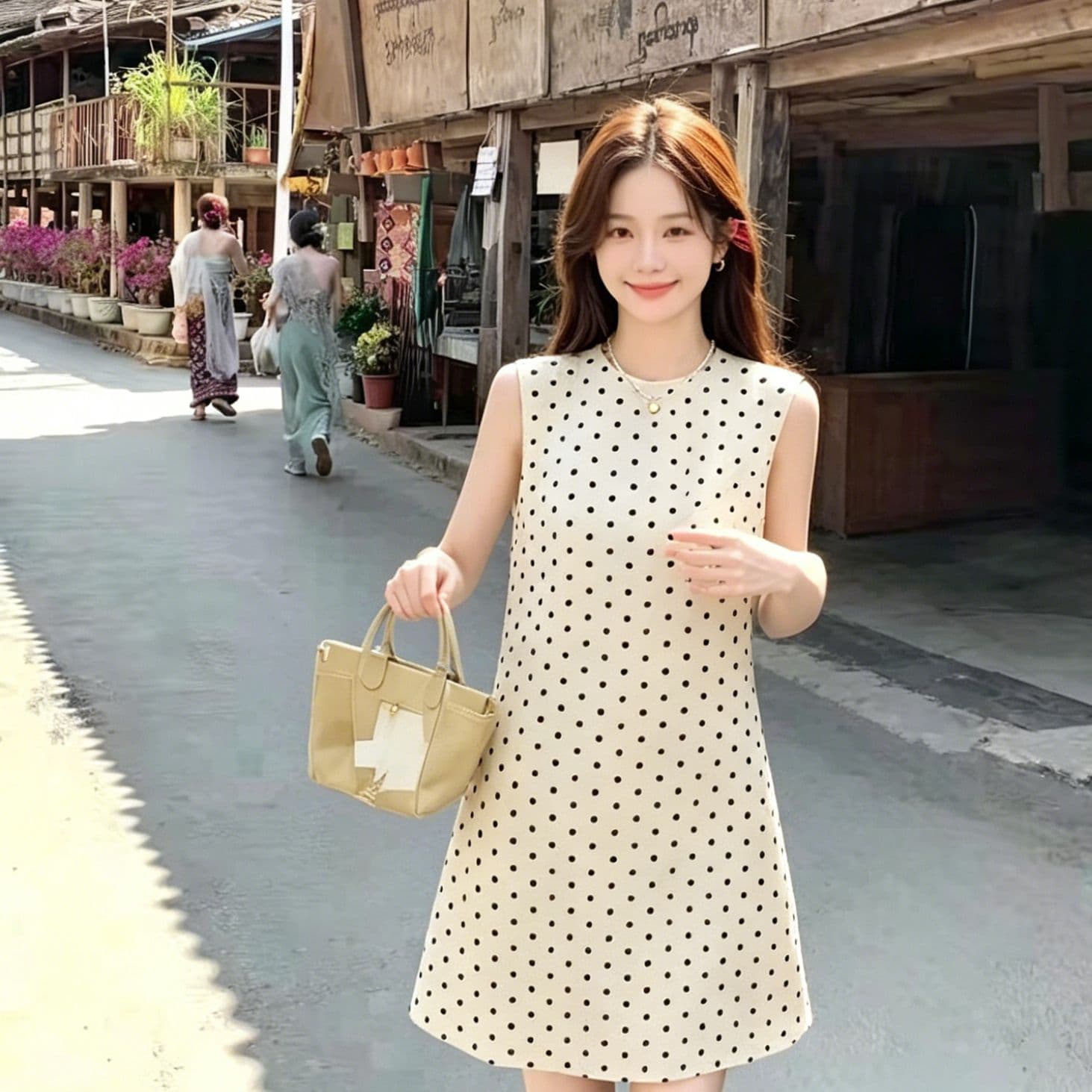 쌀 살구 도트 무늬 민소매 여성 드레스 여름 품격 슬림해 보이는 루즈핏 스트레이트 중간 길이 뒤에 홀로우 아웃 a 단어 치마 이미지 3