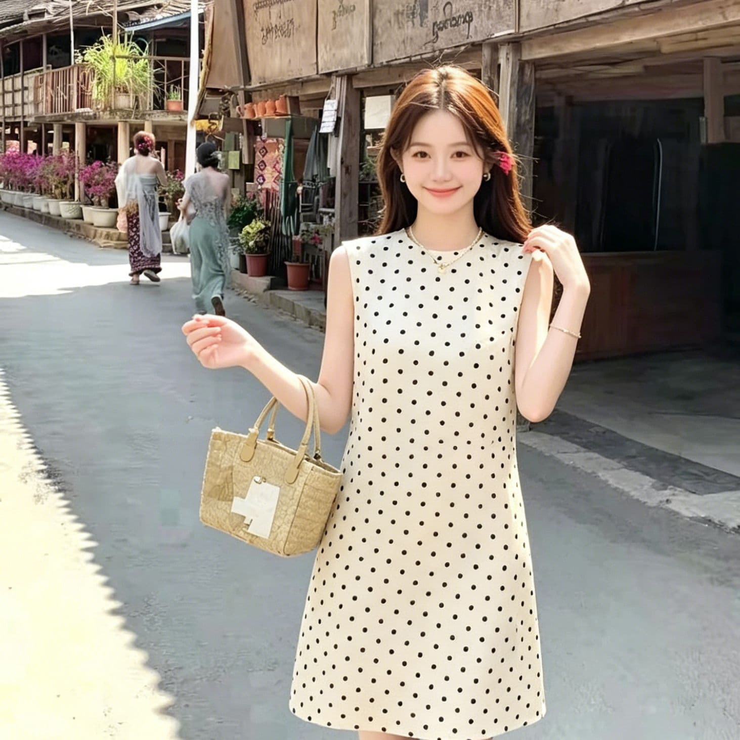 쌀 살구 도트 무늬 민소매 여성 드레스 여름 품격 슬림해 보이는 루즈핏 스트레이트 중간 길이 뒤에 홀로우 아웃 a 단어 치마 이미지 5