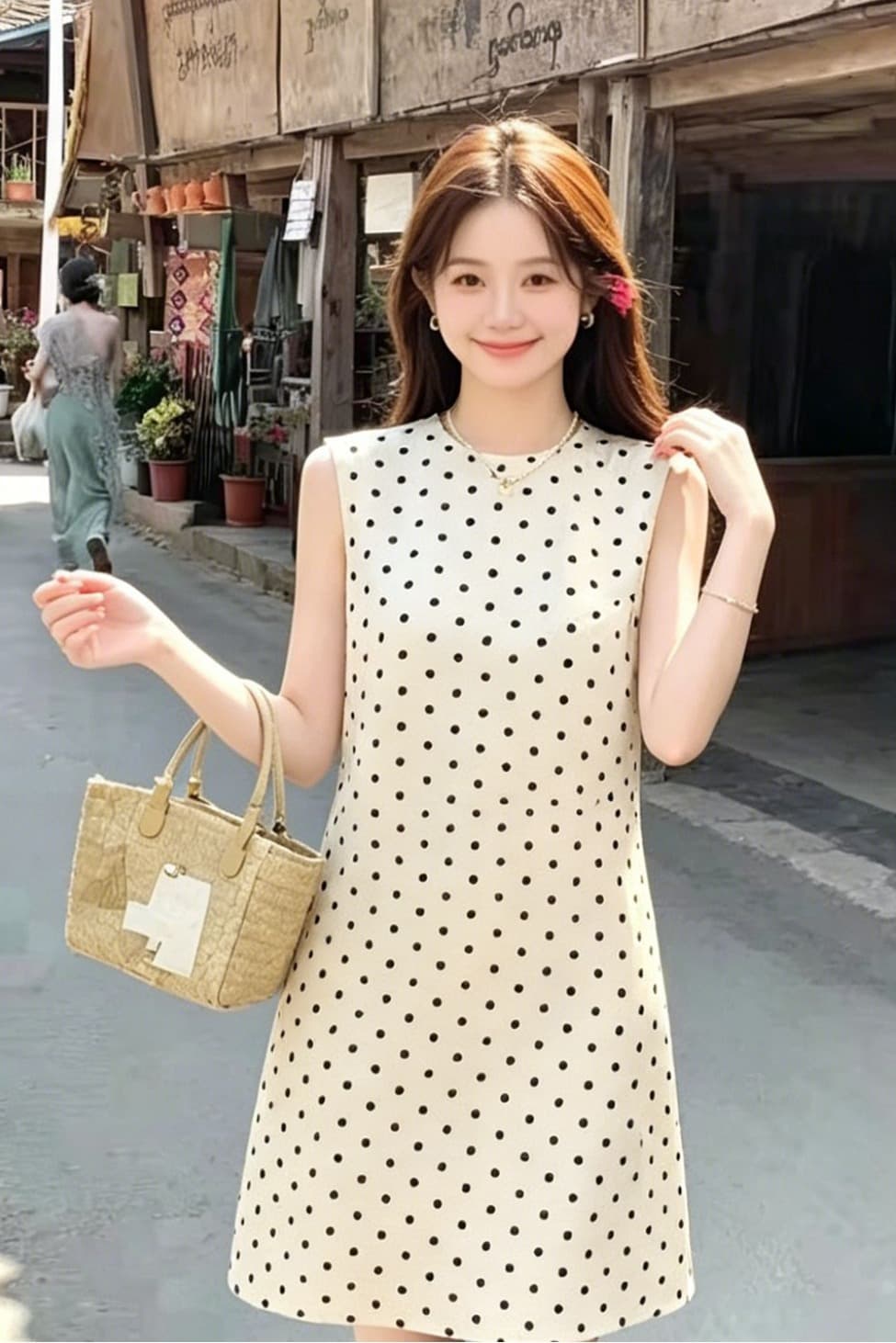 쌀 살구 도트 무늬 민소매 여성 드레스 여름 품격 슬림해 보이는 루즈핏 스트레이트 중간 길이 뒤에 홀로우 아웃 a 단어 치마 이미지 6