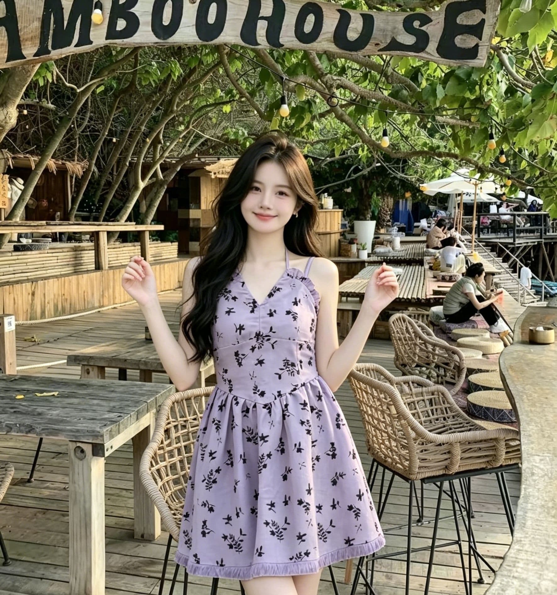 연령 감소 부드러운 바람 여성 드레스 여름 보라색 꽃무늬 허리 수축 슬림해 보이는 품격 다용도 행침 목 v 칼라 쇼트 스타일 치마