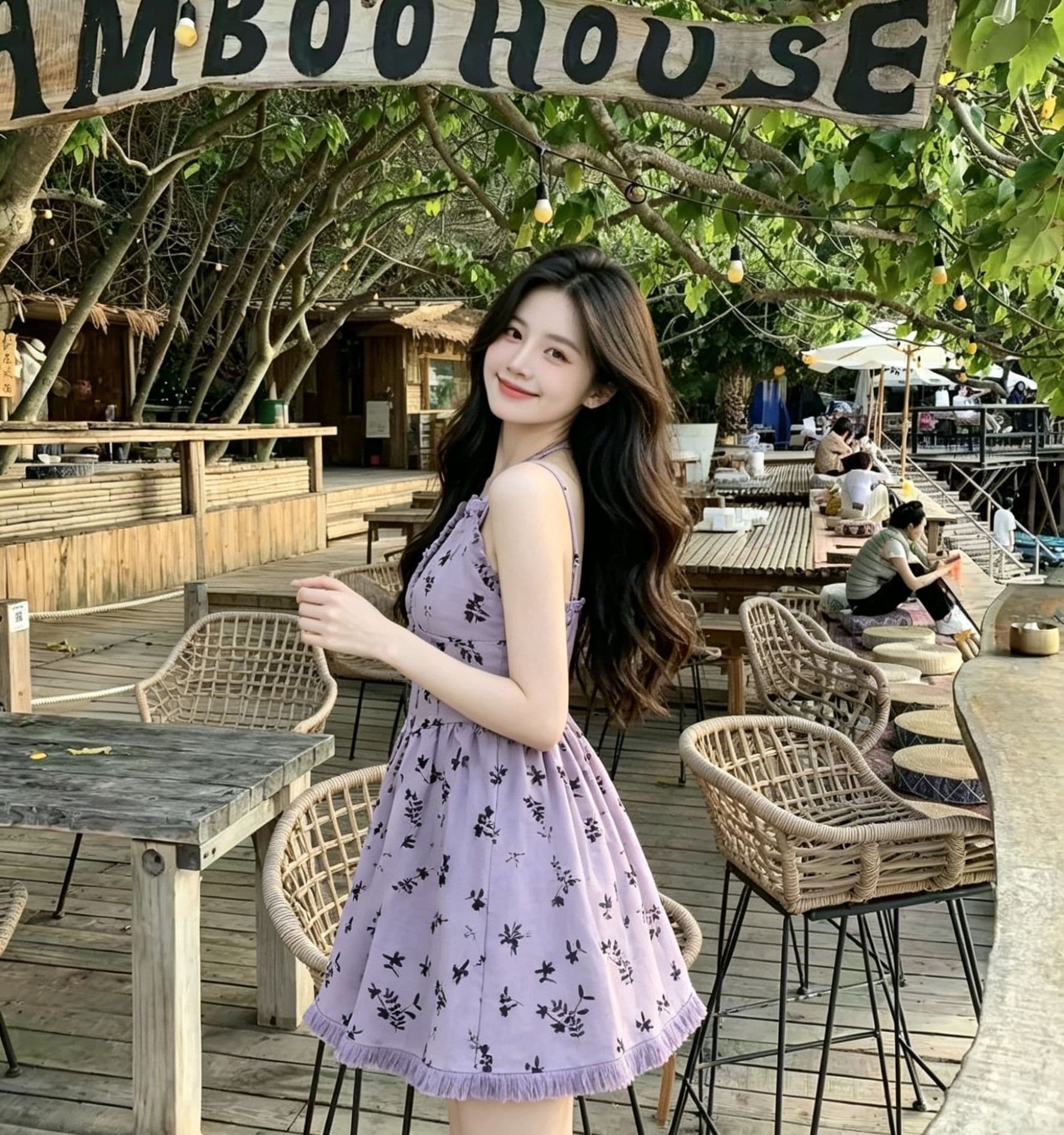 연령 감소 부드러운 바람 여성 드레스 여름 보라색 꽃무늬 허리 수축 슬림해 보이는 품격 다용도 행침 목 v 칼라 쇼트 스타일 치마 이미지 3