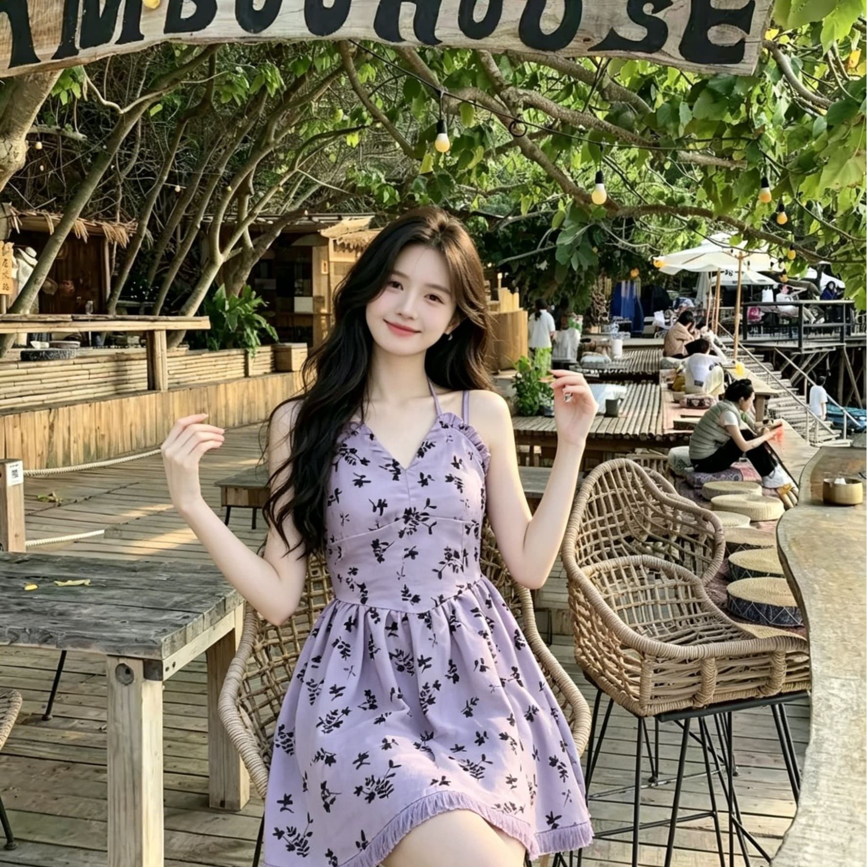 연령 감소 부드러운 바람 여성 드레스 여름 보라색 꽃무늬 허리 수축 슬림해 보이는 품격 다용도 행침 목 v 칼라 쇼트 스타일 치마 이미지 5