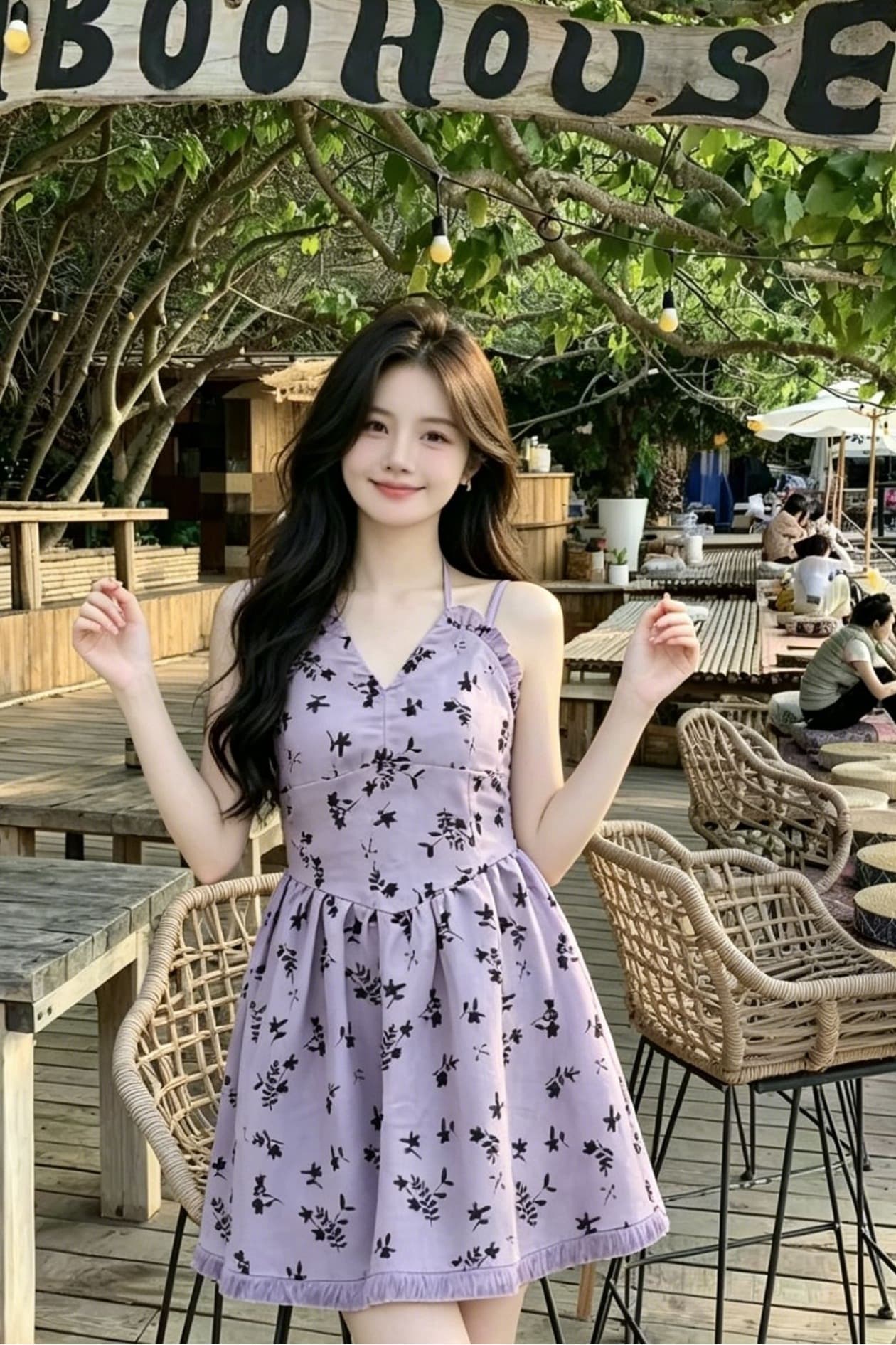 연령 감소 부드러운 바람 여성 드레스 여름 보라색 꽃무늬 허리 수축 슬림해 보이는 품격 다용도 행침 목 v 칼라 쇼트 스타일 치마 이미지 6