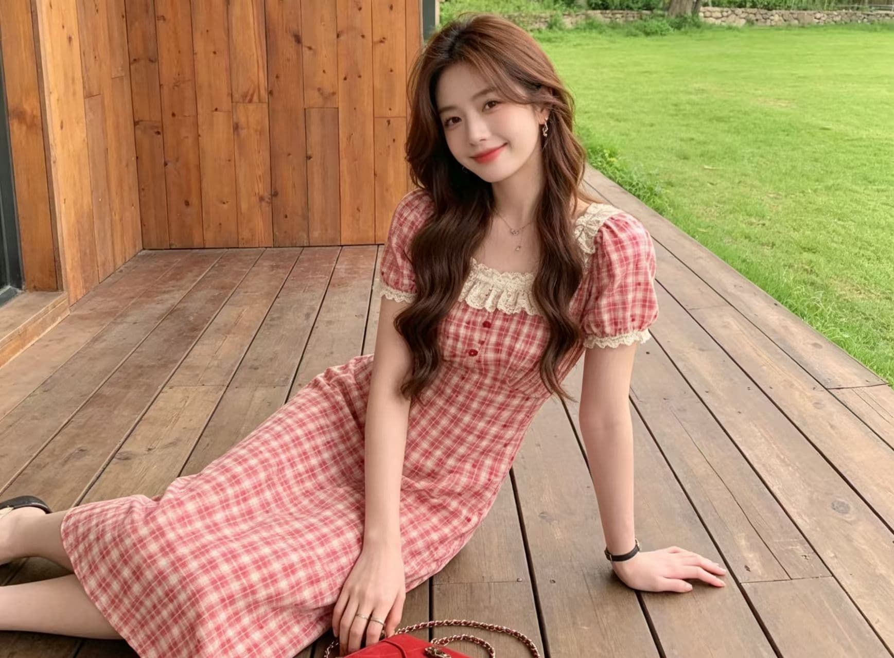 프랑스식 레트로 레이스 빨간색 그리드 하트 꽃무늬 드레스 여름 빅 사이즈 지방 mm 허리 수축 표지 배 슬림해 보이는 길다 치마 상세 이미지 5