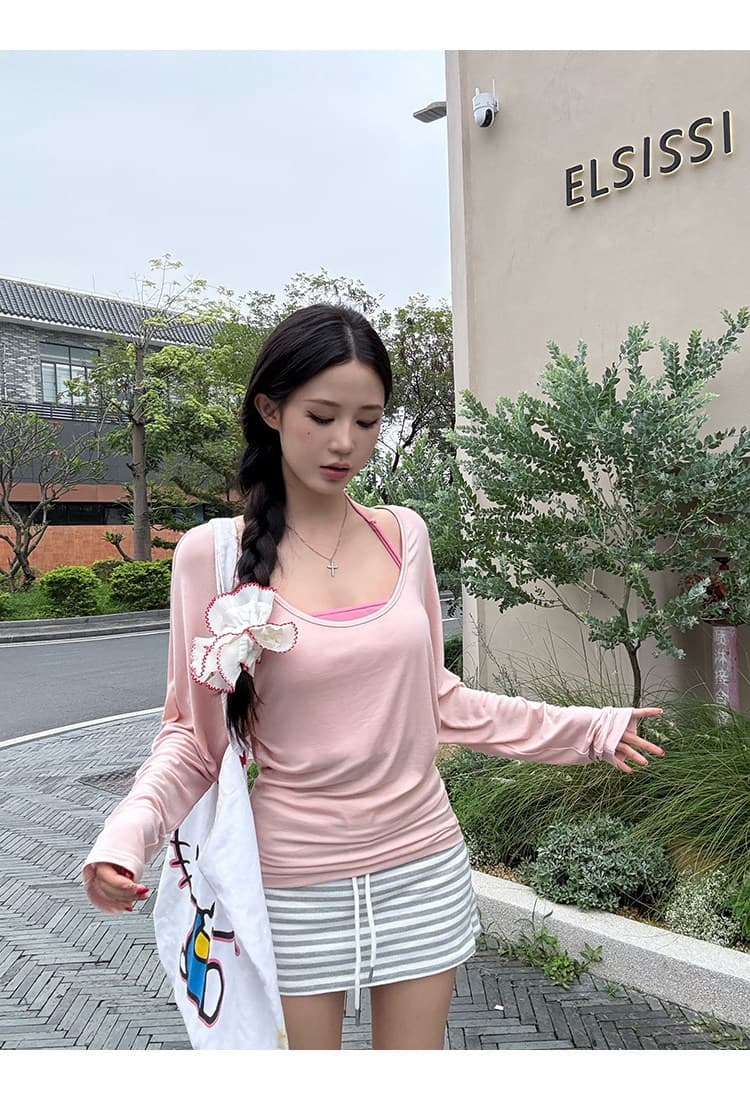 달콤한 핫걸 인사이드 가져 가라. 행침 목 슬립 순수한 욕망 u 칼라 얇은 스타일 긴팔 자외선 차단 블라우스 여성 여름 한 부서 투피스 세트 맨위 상세 이미지 12
