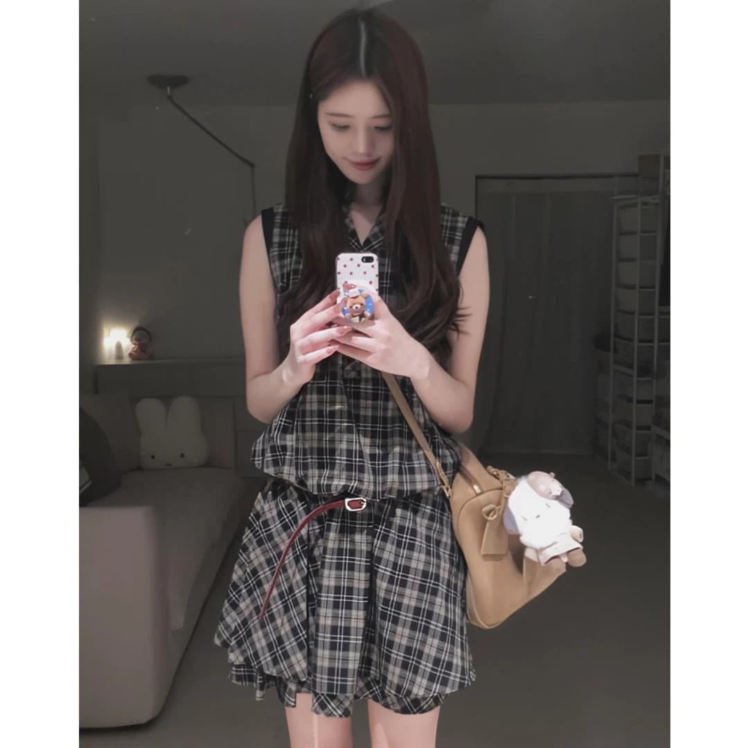 원본 원단 것 레트로 체크무늬 여성 드레스 여름 작은 키 고유 한 아름다운 루즈핏 품격 미니 스커트 이미지 4