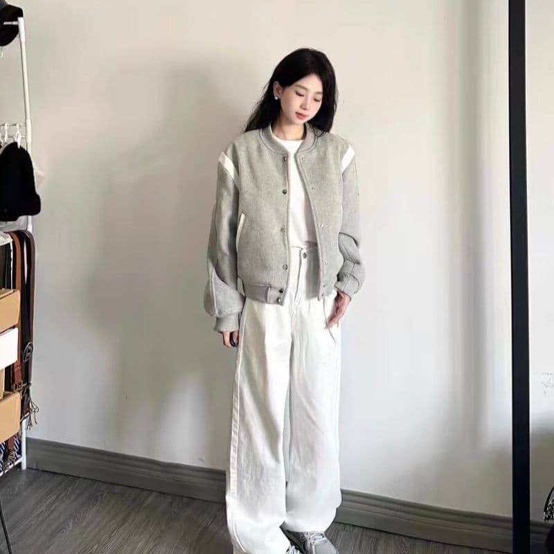 폭발 회색 야구 유니폼 얇은 스타일 짧은 여성 코트 가을 겨울 새로운 작은 키 루즈핏 재킷 한국 대외 무역 국경 간 폭발 이미지 4