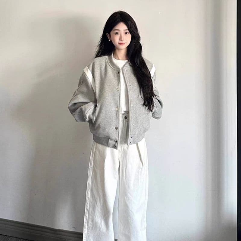 폭발 회색 야구 유니폼 얇은 스타일 짧은 여성 코트 가을 겨울 새로운 작은 키 루즈핏 재킷 한국 대외 무역 국경 간 폭발 이미지 5