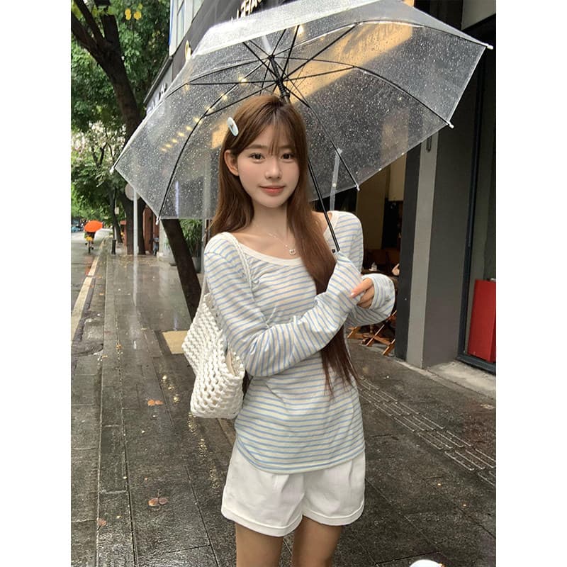 파란색 V넥 스트라이프 자외선 차단 긴팔 티셔츠 여성 한 부서 느슨함 느긋한 센스 루즈핏 블라우스 맨위 한국 대외 무역 상세 이미지 2