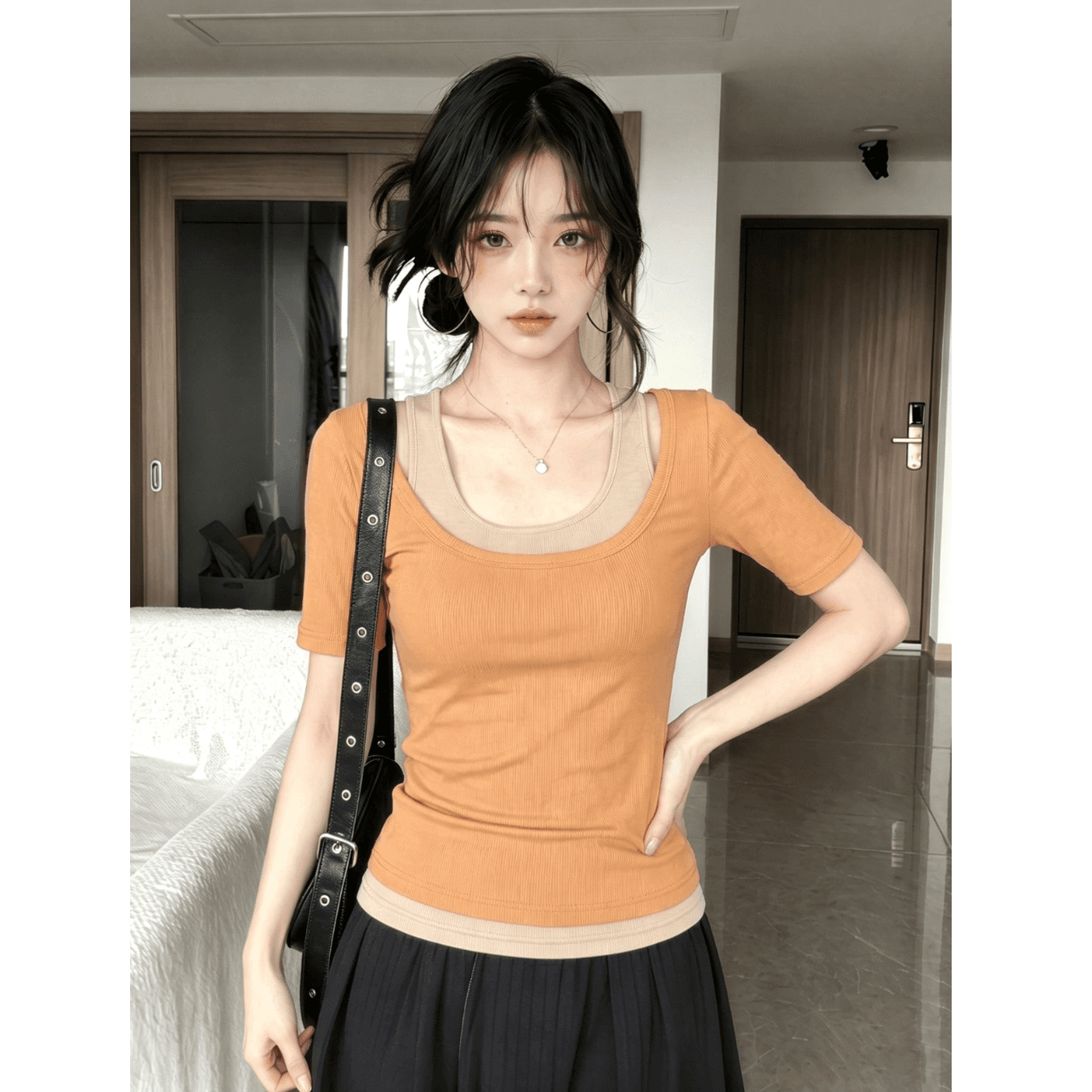 한 부서 사실 두 조각 u 칼라 반팔 티셔츠 여성 여름 몸매 가꾸기 슬림해 보이는 도파민 착용 가져 가라. 캐미솔 세트 맨위 이미지 5