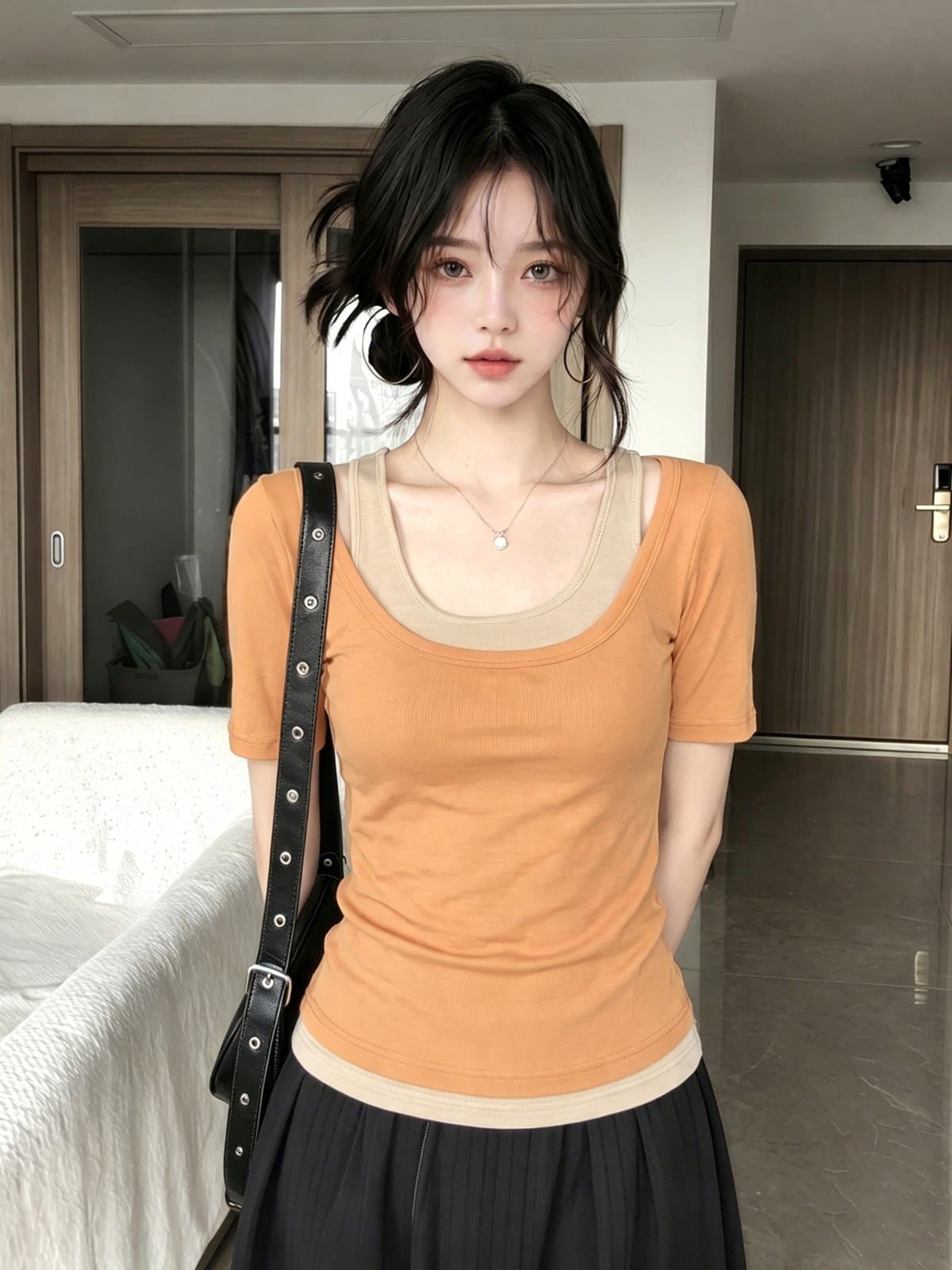 한 부서 사실 두 조각 u 칼라 반팔 티셔츠 여성 여름 몸매 가꾸기 슬림해 보이는 도파민 착용 가져 가라. 캐미솔 세트 맨위 상세 이미지 3