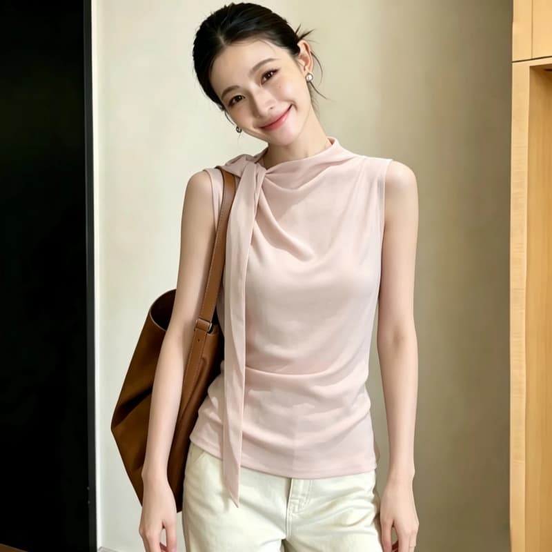 빛 분말 리본 흔들다 칼라 민소매 조끼 여성 여름 도루 센스 주름 허리 수축 슬림해 보이는 빛 럭셔리 직업 필드 내부 가져 가라. 품격 맨위 이미지 4