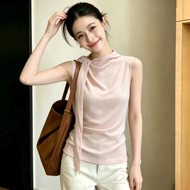 빛 분말 리본 흔들다 칼라 민소매 조끼 여성 여름 도루 센스 주름 허리 수축 슬림해 보이는 빛 럭셔리 직업 필드 내부 가져 가라. 품격 맨위 상세 이미지 2