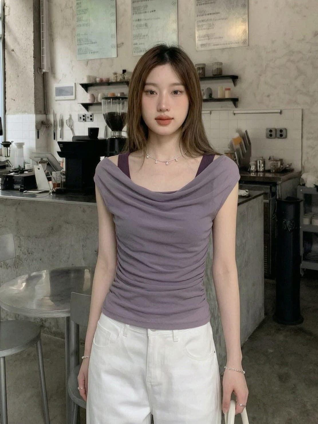 여름 새로운 순수한 욕망 바람 흔들다 칼라 페이크 레이어드 단색 마이크로 ~을 통해 티셔츠 디자인 센스 캐주얼 품격 슬림해 보이는 맨위 여성 상세 이미지 4