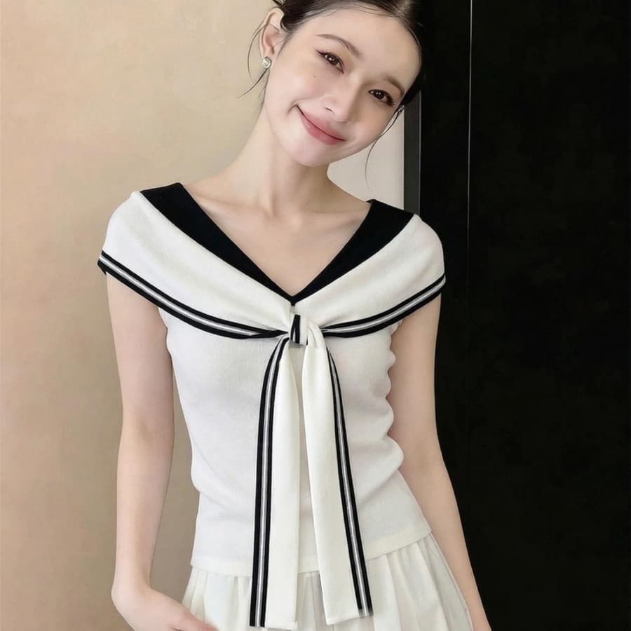 배색 스트랩 해군 칼라 민소매 패션 여성 여름 고급 센스 슬림해 보이는 몸매 가꾸기 프랑스식 품격 쇼트 스타일 맨위 이미지 6