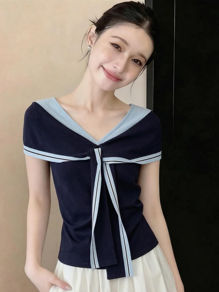 배색 스트랩 해군 칼라 민소매 패션 여성 여름 고급 센스 슬림해 보이는 몸매 가꾸기 프랑스식 품격 쇼트 스타일 맨위 상세 이미지 2