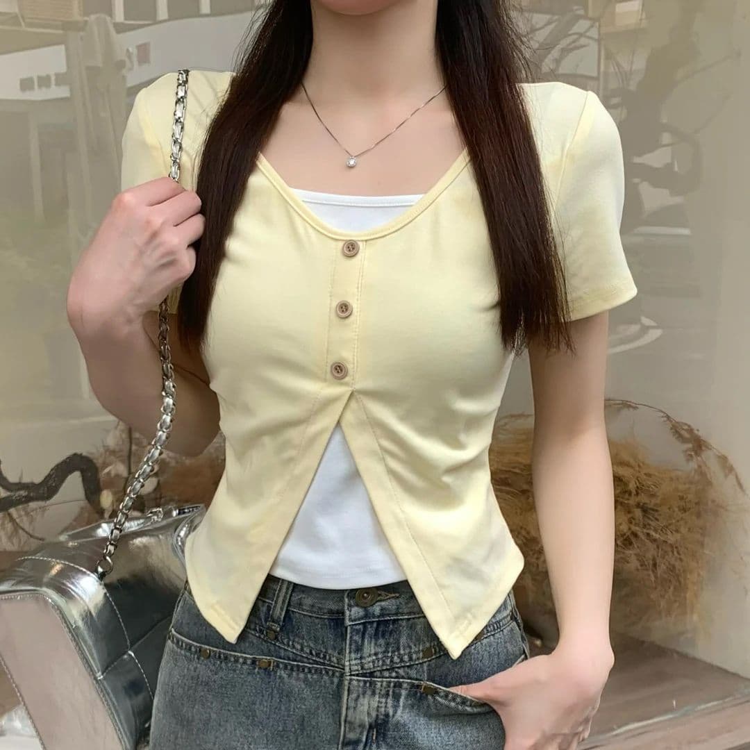 순면 여름 새로운 배색 패치워크 페이크 레이어드 긍정적 인 어깨 반팔 티셔츠 디자인 센스 표지 배 슬림해 보이는 맨위 여성 상세 이미지 5