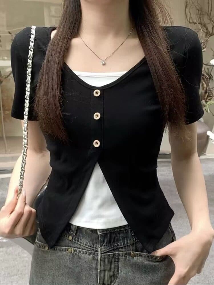 순면 여름 새로운 배색 패치워크 페이크 레이어드 긍정적 인 어깨 반팔 티셔츠 디자인 센스 표지 배 슬림해 보이는 맨위 여성 상세 이미지 7