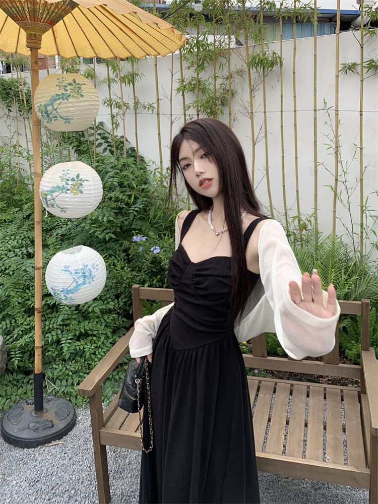 여름 새로운 프랑스식 그는 벤 바람 허리 수축 멜빵 검정색 드레스 여성 의류 지방 mm 슬림해 보이는 품격 치마 상세 이미지 2