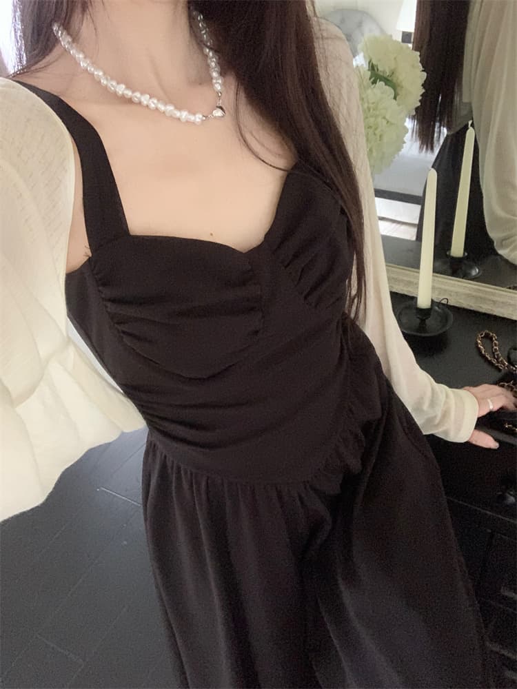 여름 새로운 프랑스식 그는 벤 바람 허리 수축 멜빵 검정색 드레스 여성 의류 지방 mm 슬림해 보이는 품격 치마 상세 이미지 14