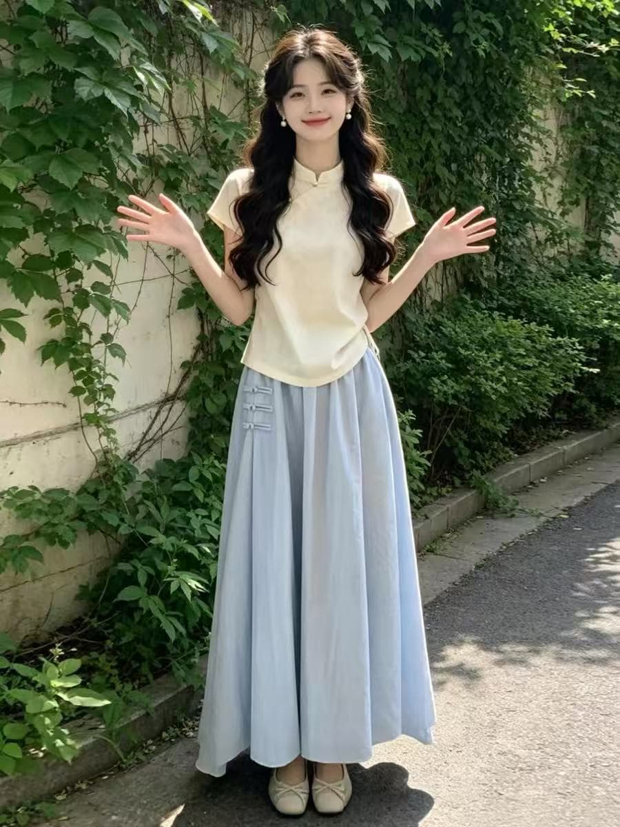 2026 새로운 올해 인기 폭발 새로운 중식 국풍 치파오 드레스 아이들 여름 착용 가져 가라. 세트 롱 스커트 상세 이미지 4
