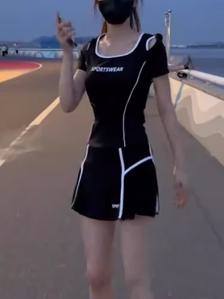 직공 울 미니 스커트 캐주얼 운동 바람 세트 여름 새로운 낮은 네크라인 러닝 서비스 반팔 투피스 세트 여성 의류 상세 이미지 6