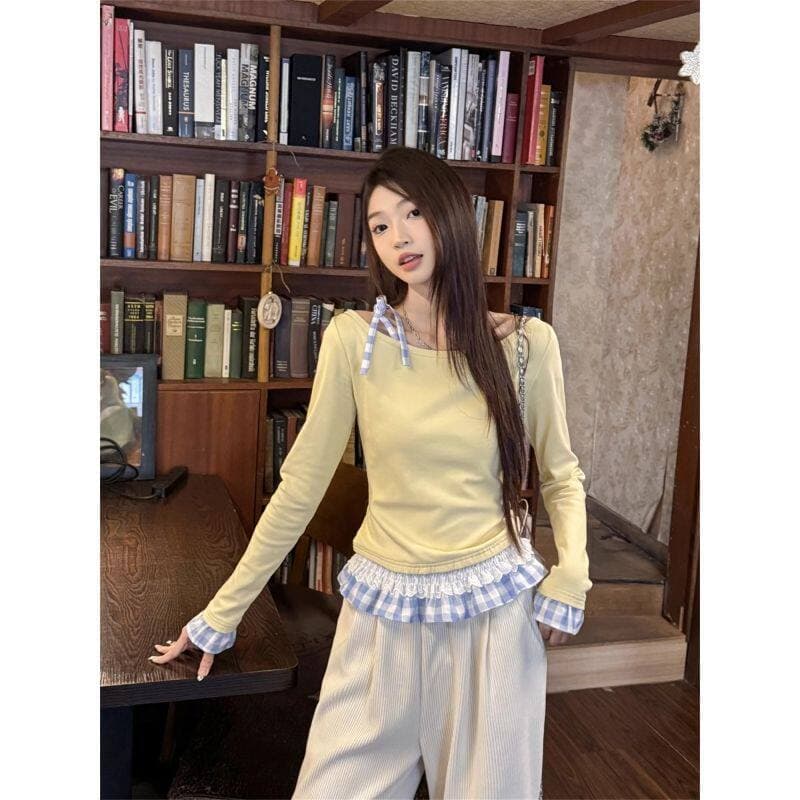 원본 솜씨 페이크 레이어드 여성 26 새로운 작은 키 몸매 가꾸기 상의 레이스 인사이드 가져 가라. 긴팔 티셔츠 맨위 상세 이미지 3