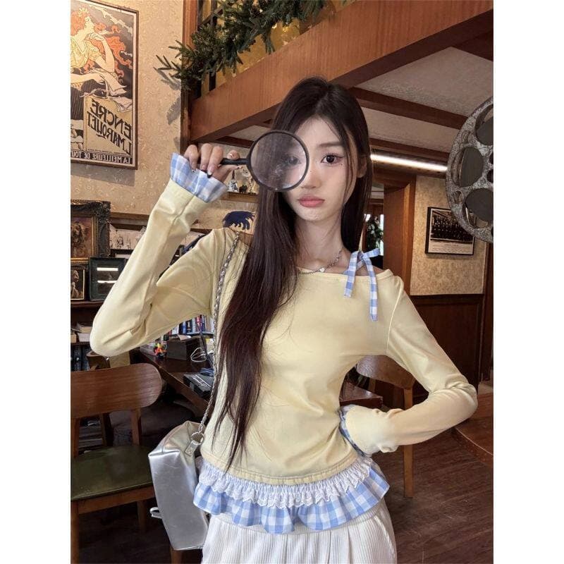 원본 솜씨 페이크 레이어드 여성 26 새로운 작은 키 몸매 가꾸기 상의 레이스 인사이드 가져 가라. 긴팔 티셔츠 맨위 상세 이미지 5
