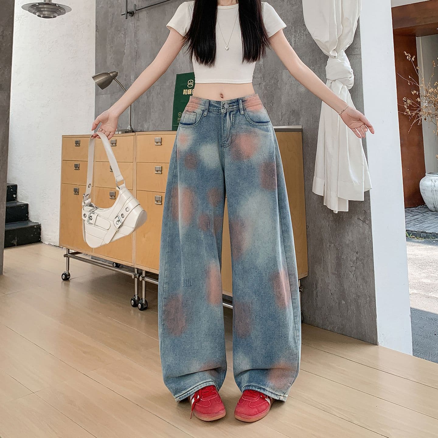 홀치기 염색 청바지 여성 여름 새로운 디자인 센스 루즈핏 슬림해 보이는 스트레이트 와이드 레그 팬츠 모통이 칼 바지 한국 대외 무역 이미지 2