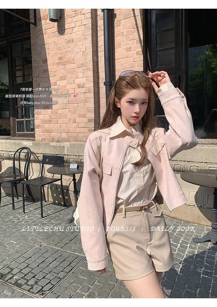 두꺼운 원본 없음 제인 레트로 라운드 넥 스웨이드 재킷 여성 코트 가을 한 부서 루즈핏 캐주얼 쇼트 스타일 맨위 상세 이미지 5